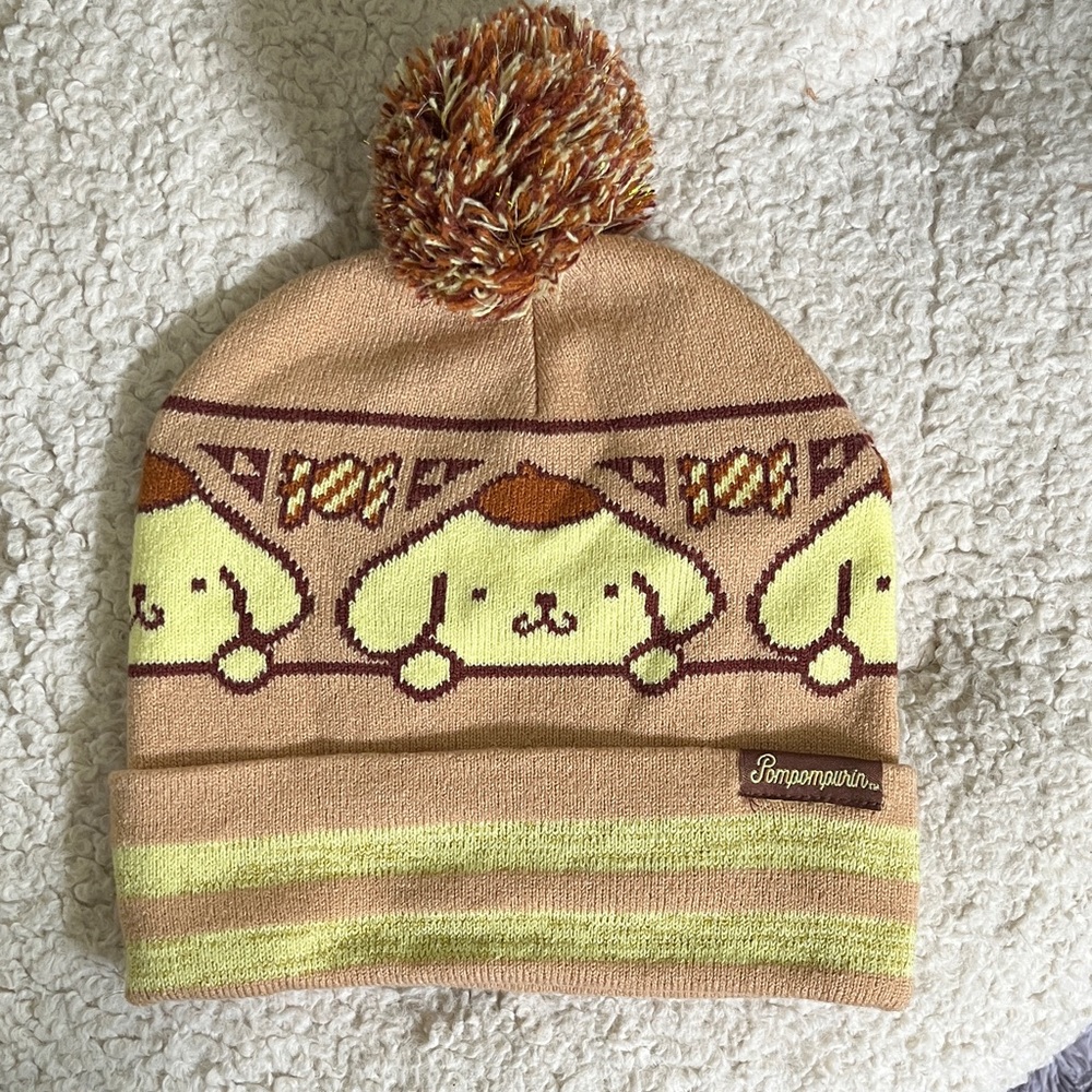 Sanrio Pompompurin Beanie Hat - Tan & Yellow Stripe